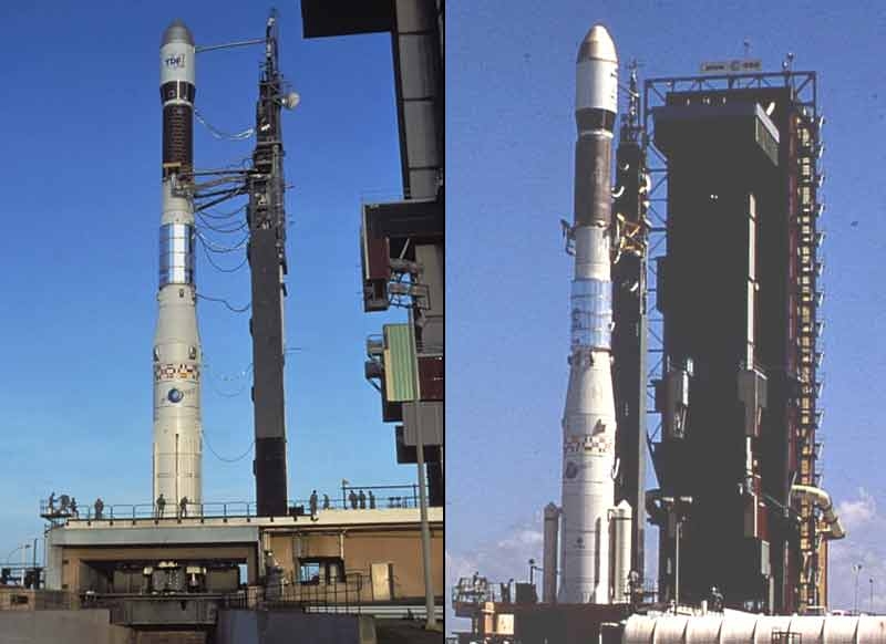 Ariane 2 (à gauche) et Ariane 3 (à droite) sur leur pas de tir. Crédits : CNES